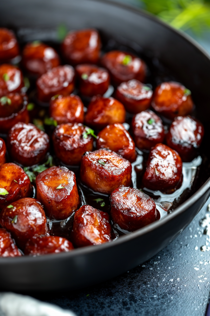 Saucy sausage rounds with browned edges in a skillet.