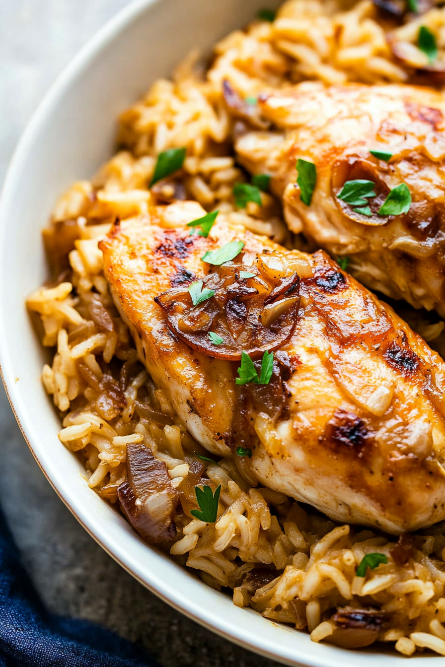 Close-up of juicy skillet-cooked chicken resting on savory onion-infused rice.