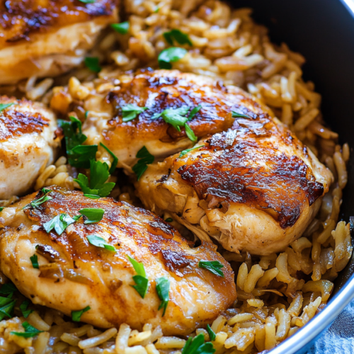 One-pan chicken dinner with tender rice and deeply caramelized onions, photographed fresh from the pan.