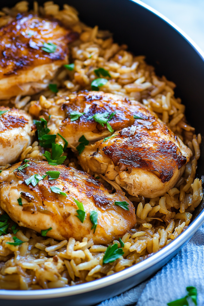 One-pan chicken dinner with tender rice and deeply caramelized onions, photographed fresh from the pan.