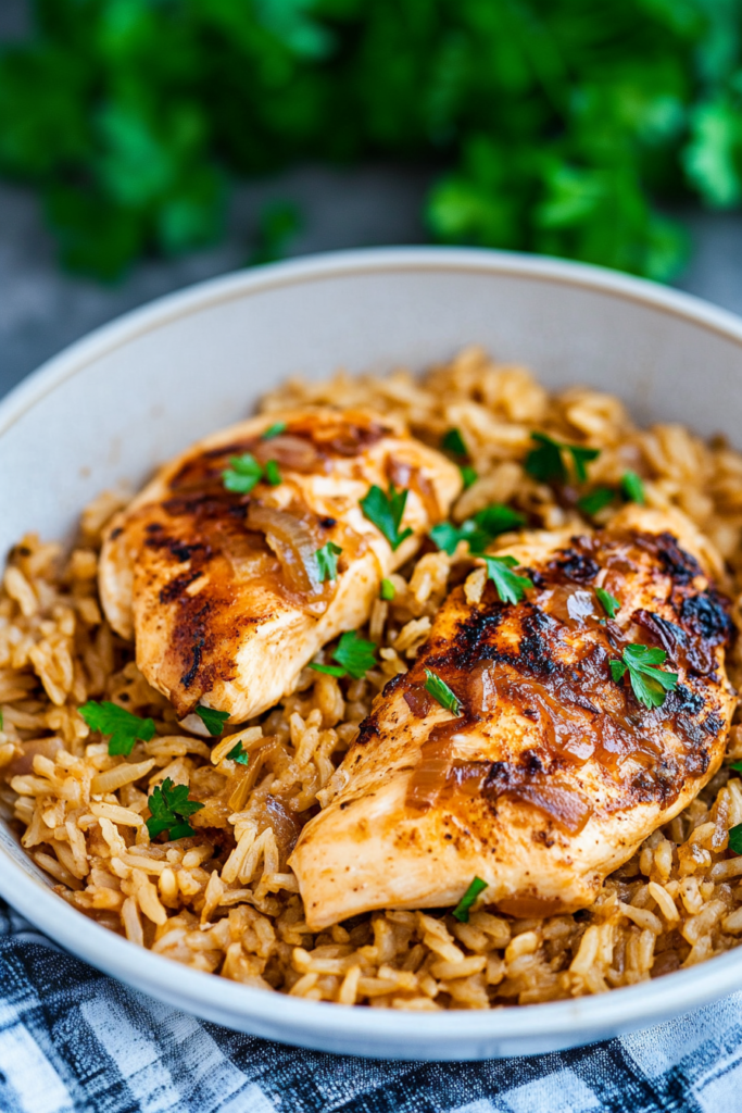 Golden-seared chicken breasts served over caramelized onion rice in a skillet, garnished with fresh herbs.