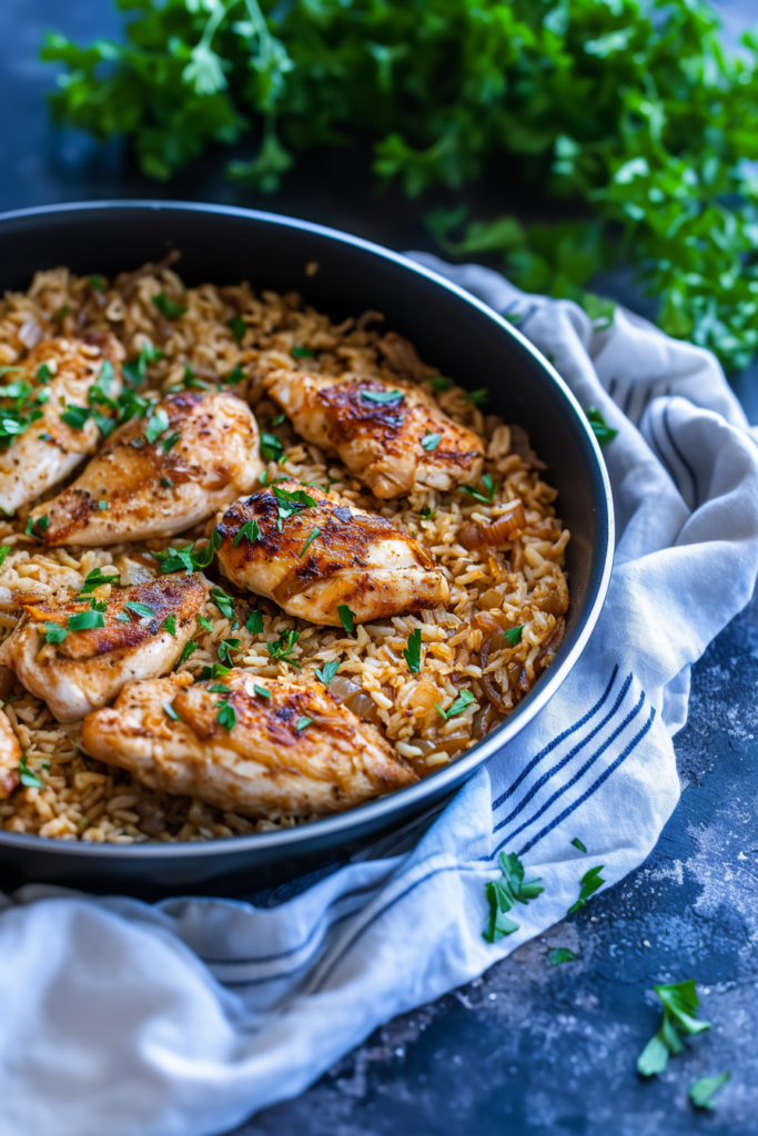 Hearty chicken and rice meal with rich onion flavor, shown as a finished stovetop dish.