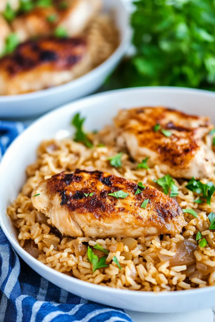 French onionโstyle chicken and rice skillet with browned onions and parsley garnish.