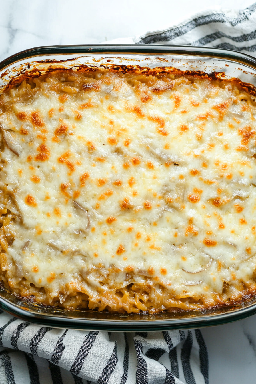 Close-up of cheesy baked pasta with a golden top and fresh herbs.