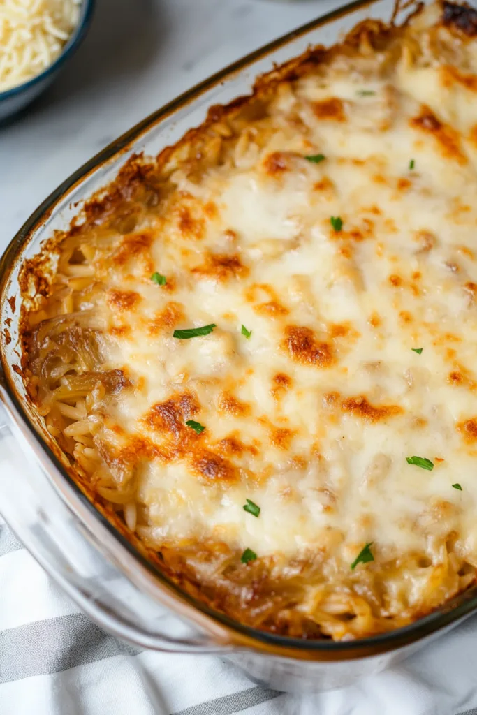 Creamy baked orzo topped with melted cheese in a white dish.