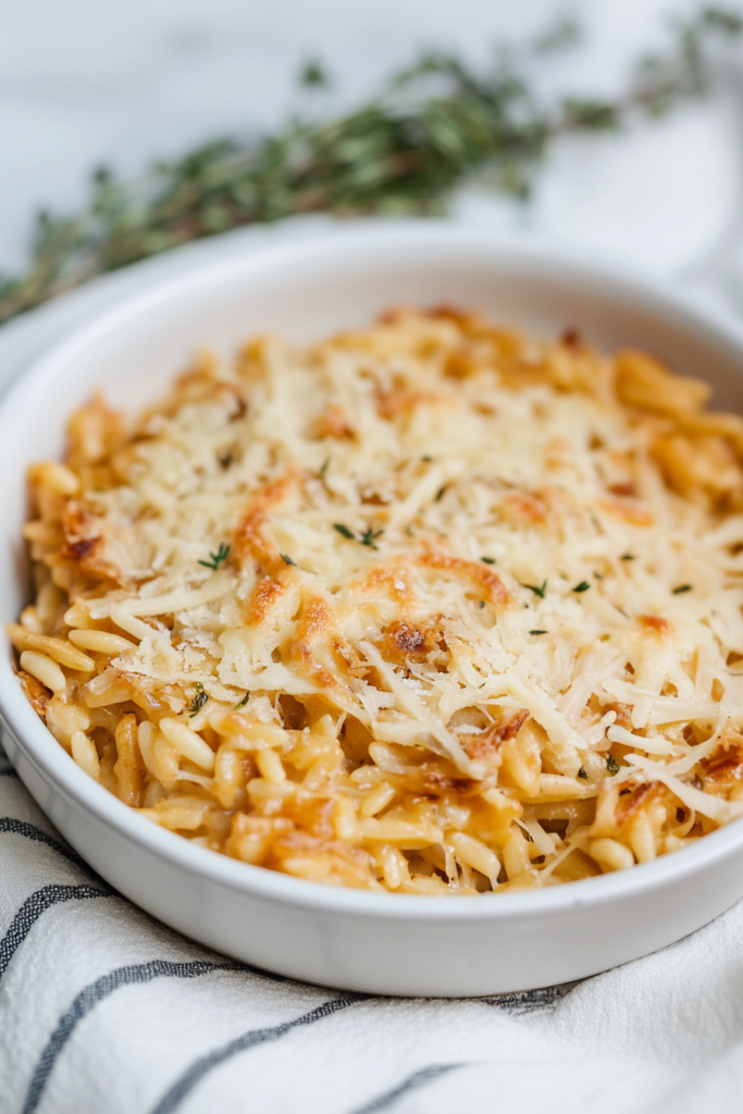 Warm, caramelized onion and cheese pasta bake served in a round baking dish.