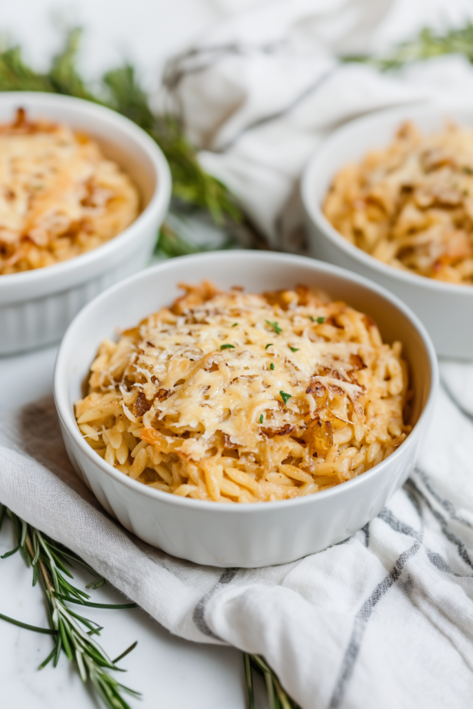 Bubbly, golden pasta bake resting on a striped kitchen towel.