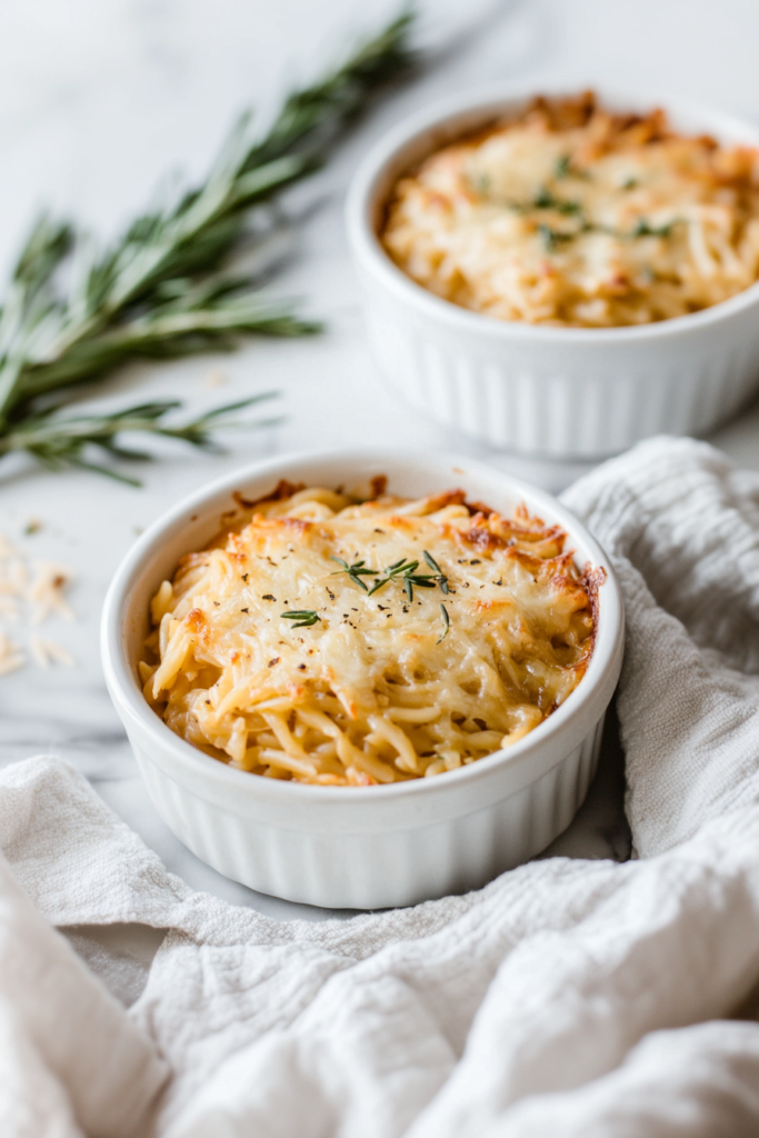 Cheesy orzo casserole with browned edges and sprigs of herbs in the background.