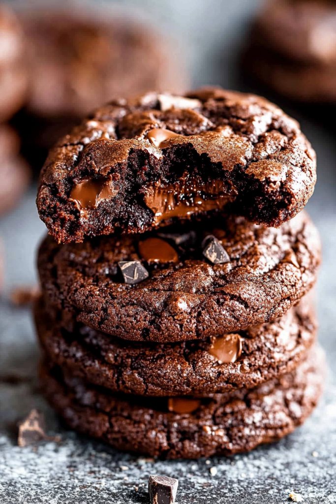 Thick, chocolatey cookies with a soft center and shiny melted chocolate oozing out.
