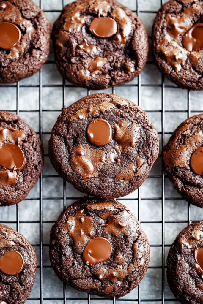 Chocolatey cookies cooling on a wire rack.