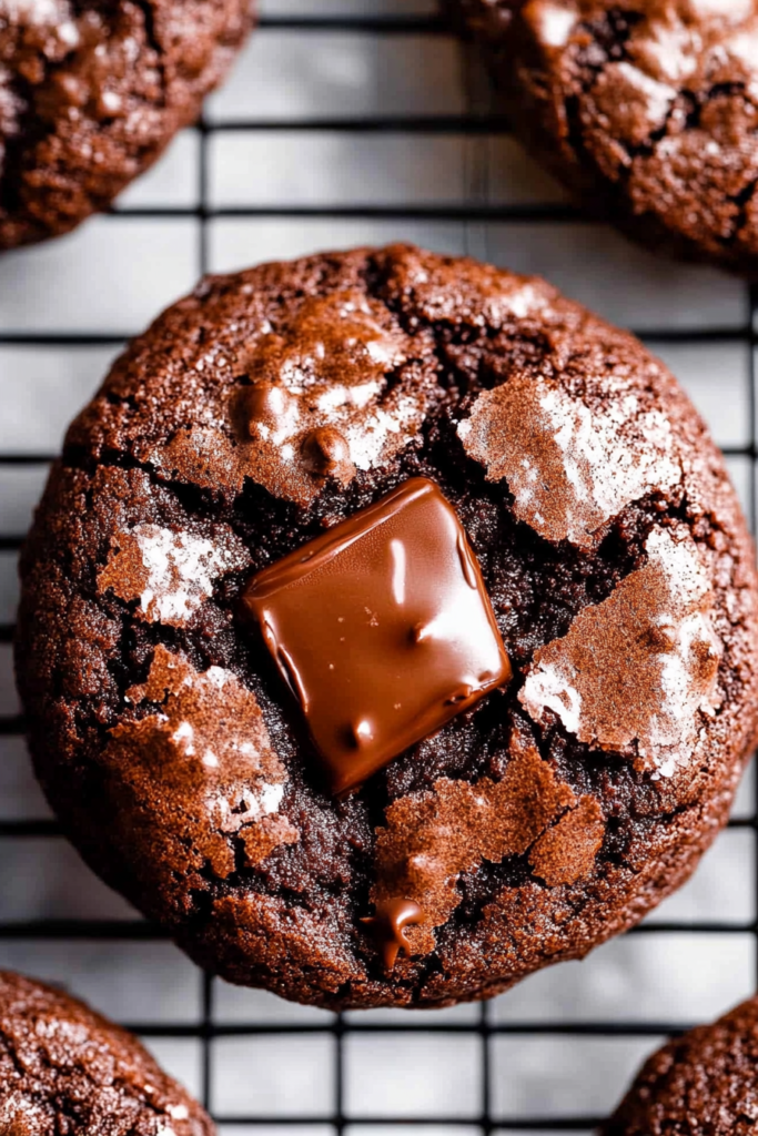 Close-up of rich chocolate cookies with a shiny, crackled top.