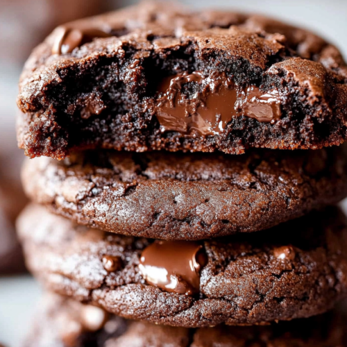 Close-up of dark, fudgy cookies with glossy chunks of chocolate throughout.