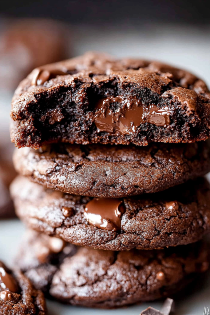 Close-up of dark, fudgy cookies with glossy chunks of chocolate throughout.