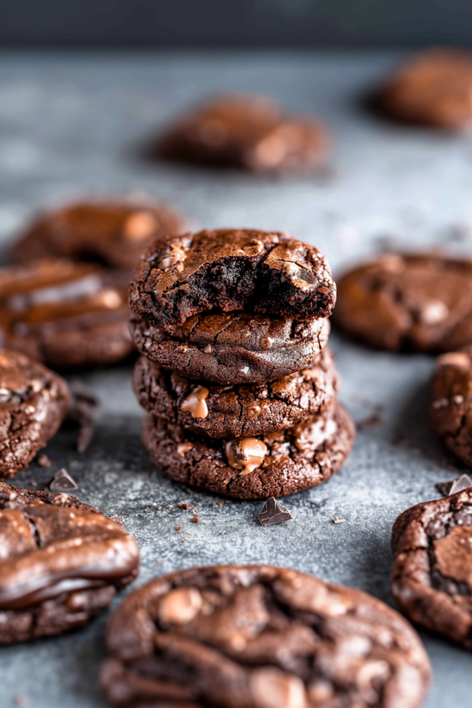 Freshly baked cookies arranged in a pile, their cracked tops showing a chewy texture.