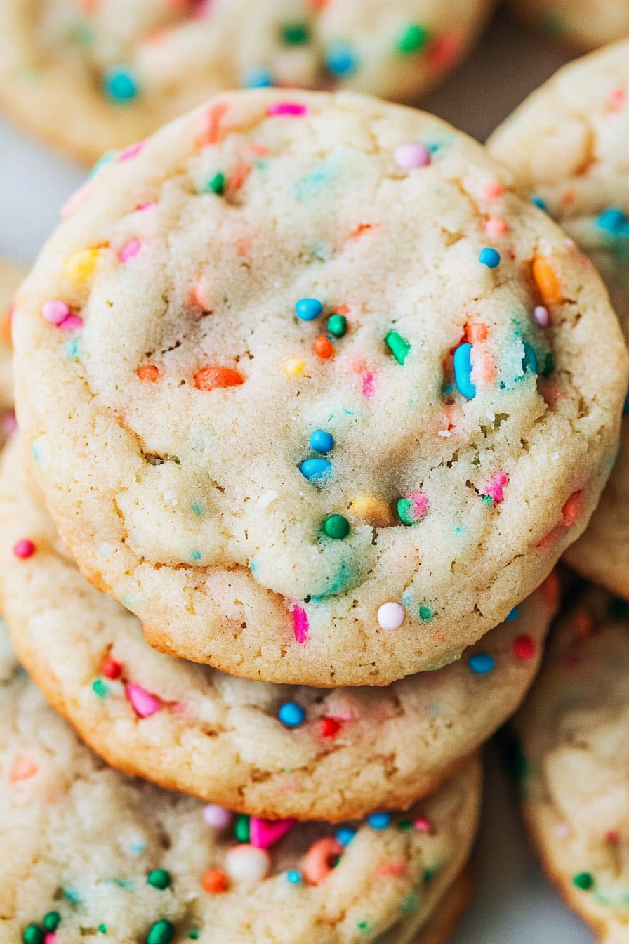Close-up of chewy cookies with colorful sprinkles scattered across the surface and plate.