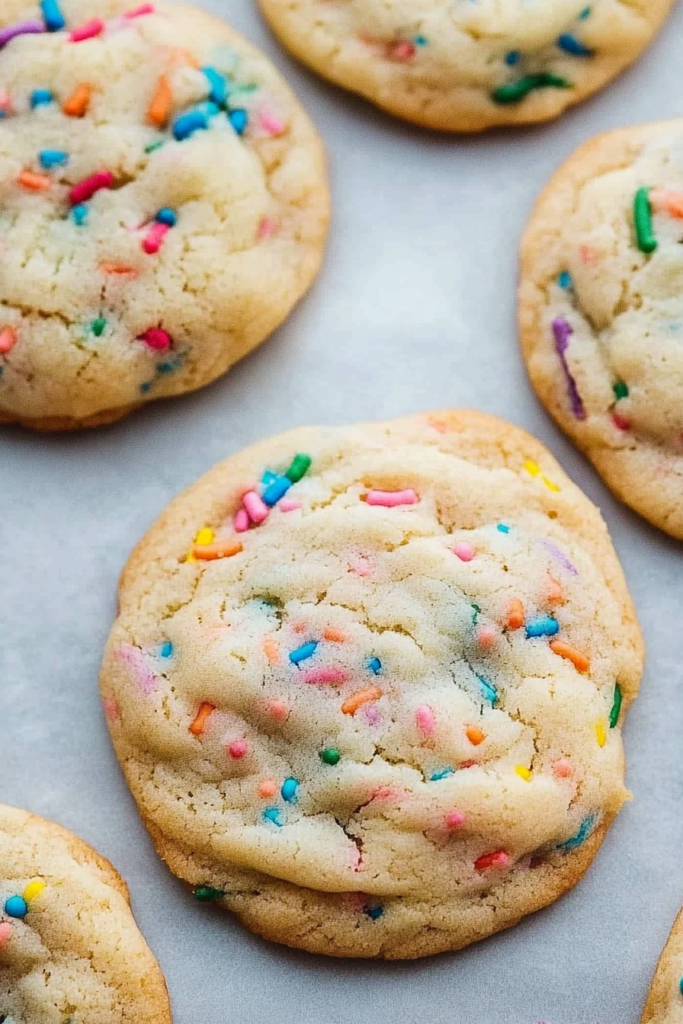 Plate of soft, golden cookies topped with rainbow sprinkles, giving a festive and playful look.