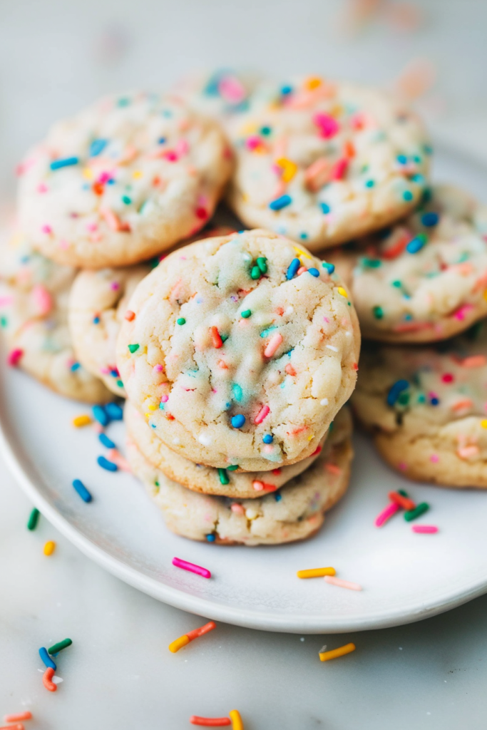 Golden cookies with a chewy texture, decorated with multicolored sprinkles for a fun finish.