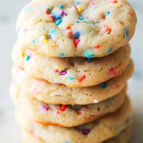 Stack of freshly baked cookies, light brown with cracked tops and bright sprinkles.