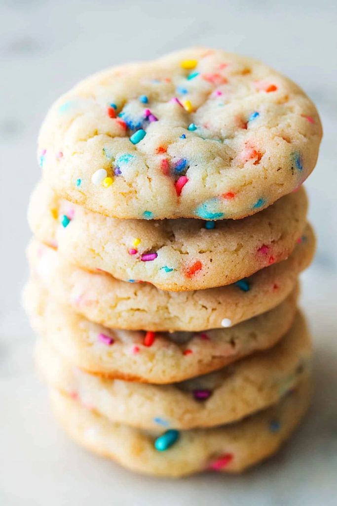 Stack of freshly baked cookies, light brown with cracked tops and bright sprinkles.