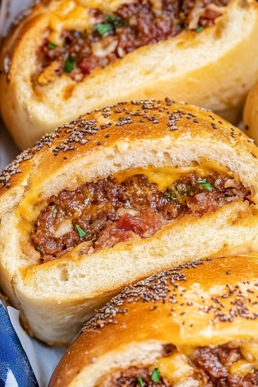 Close-up of cheesy meat-filled bread slices with a soft interior and crisp crust