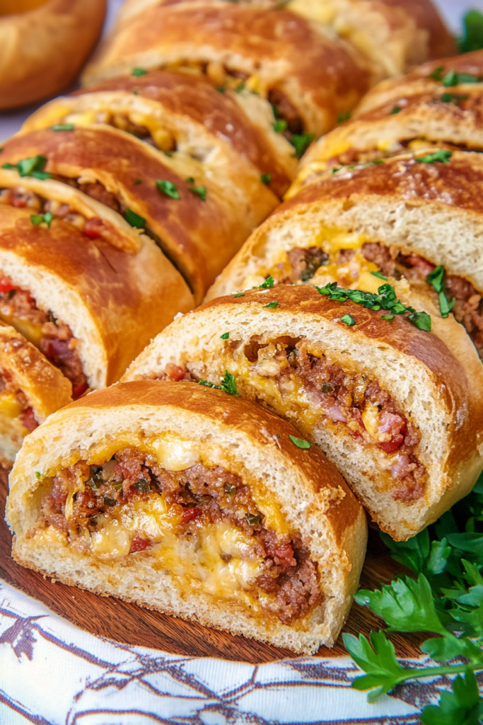 Savory garbage bread cut into thick slices with melted cheese and meat filling