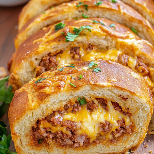 Freshly baked garbage bread sliced and served on a wooden board with herbs