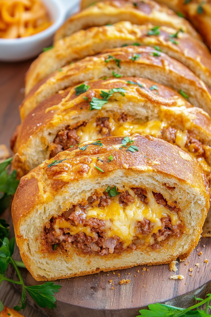 Freshly baked garbage bread sliced and served on a wooden board with herbs