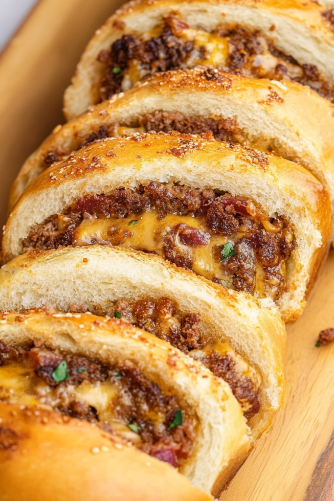 Golden stuffed bread loaf showing layers of beef, cheese, and fluffy bread