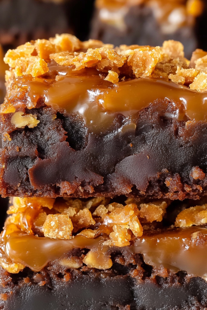 Close-up slice of rich brownie with caramel dripping over crispy topping