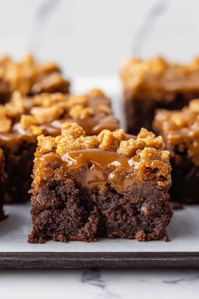 Single brownie piece showing its moist texture and caramel-coated topping.
