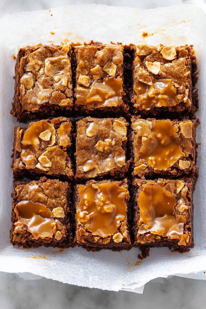 Fudgy chocolate brownie topped with melted caramel and crunchy bits.