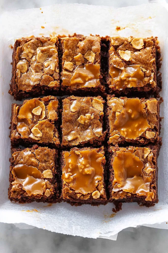 Fudgy chocolate brownie topped with melted caramel and crunchy bits.