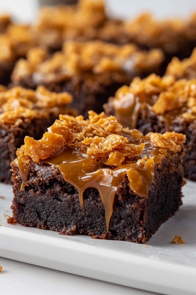 Double chocolate brownie square with caramel glaze and crunchy flakes.