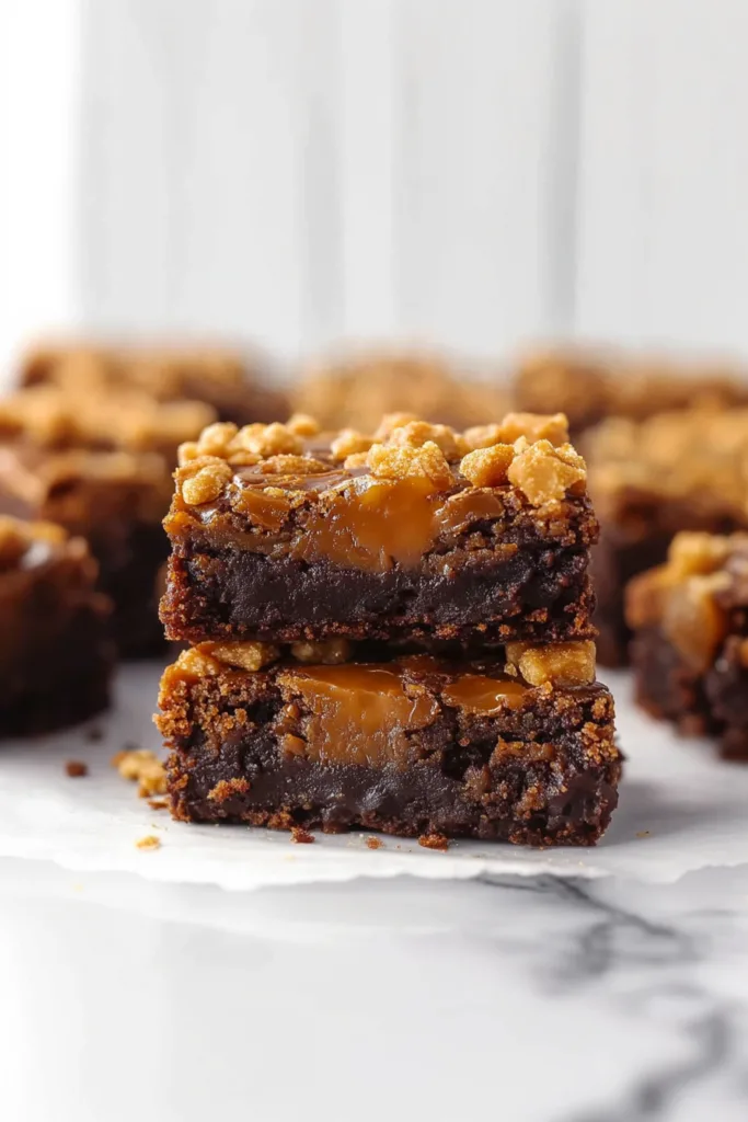 Gooey brownie bar layered with sticky caramel and crispy crumble.