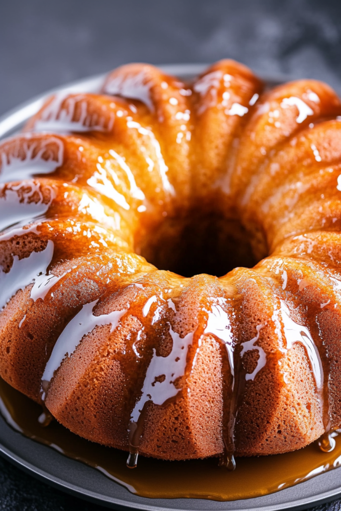 Glazed cake on a serving plate with syrupy icing cascading over the edges
