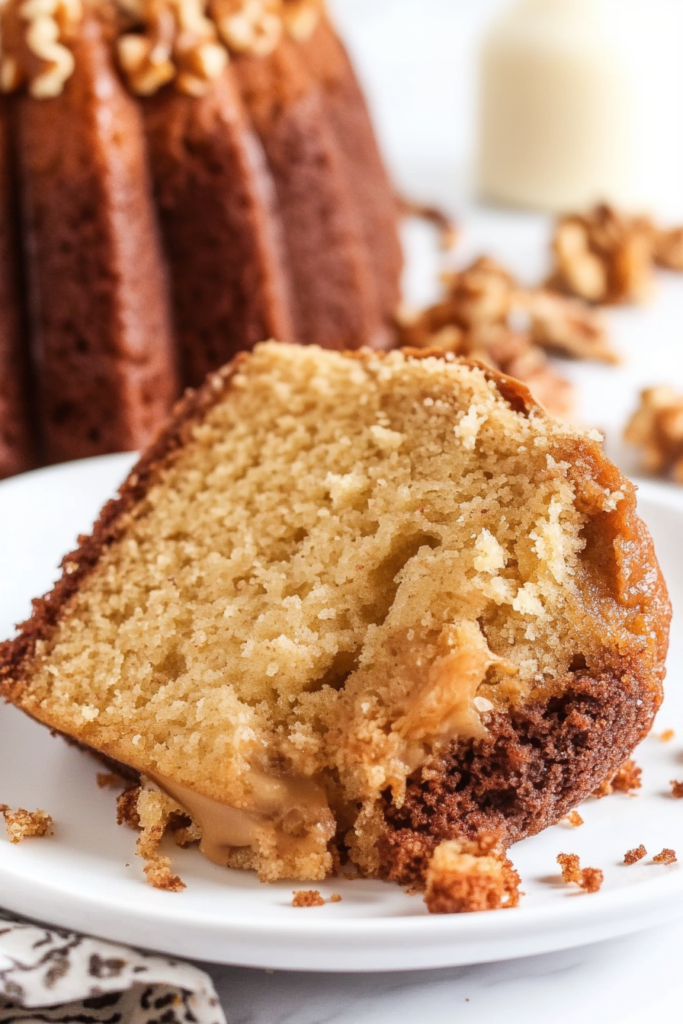 A golden bundt cake slice on a white plate, showing its moist crumb and caramel filling.