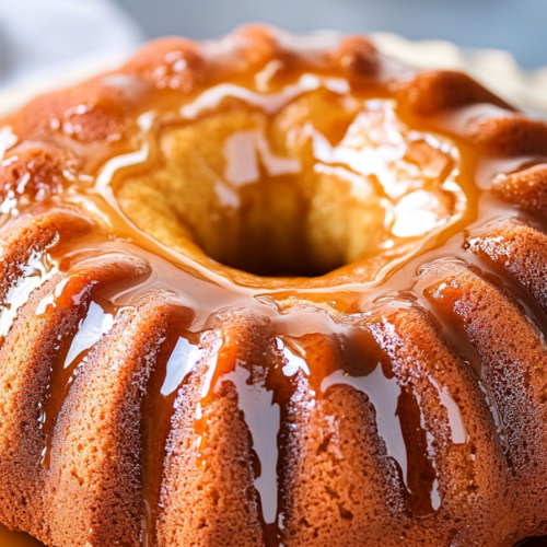 Moist glazed bundt cake with a soft texture and caramel-colored topping