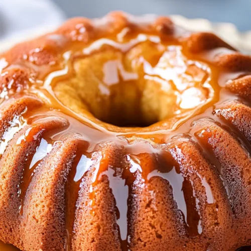 Moist glazed bundt cake with a soft texture and caramel-colored topping