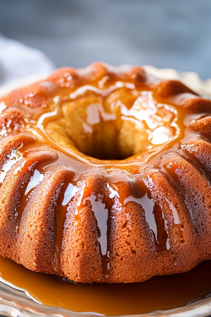 Moist glazed bundt cake with a soft texture and caramel-colored topping
