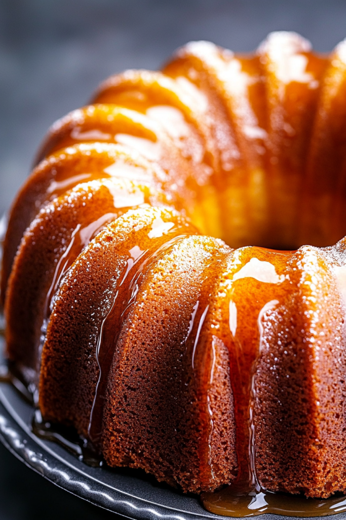 Close-up of a golden bundt cake with glossy glaze dripping down the sides