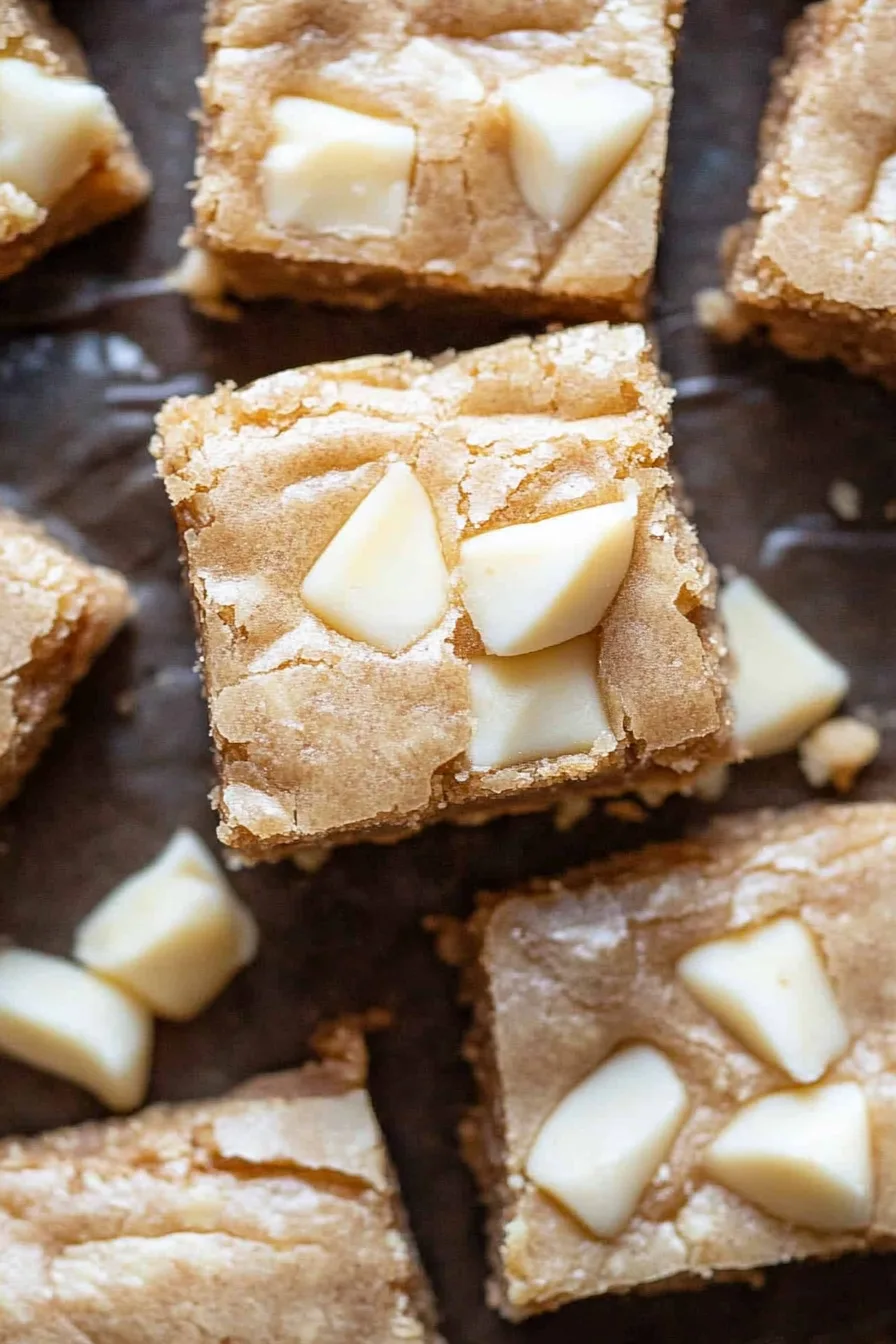 Stacked dessert bars with golden centers and white chocolate chunks