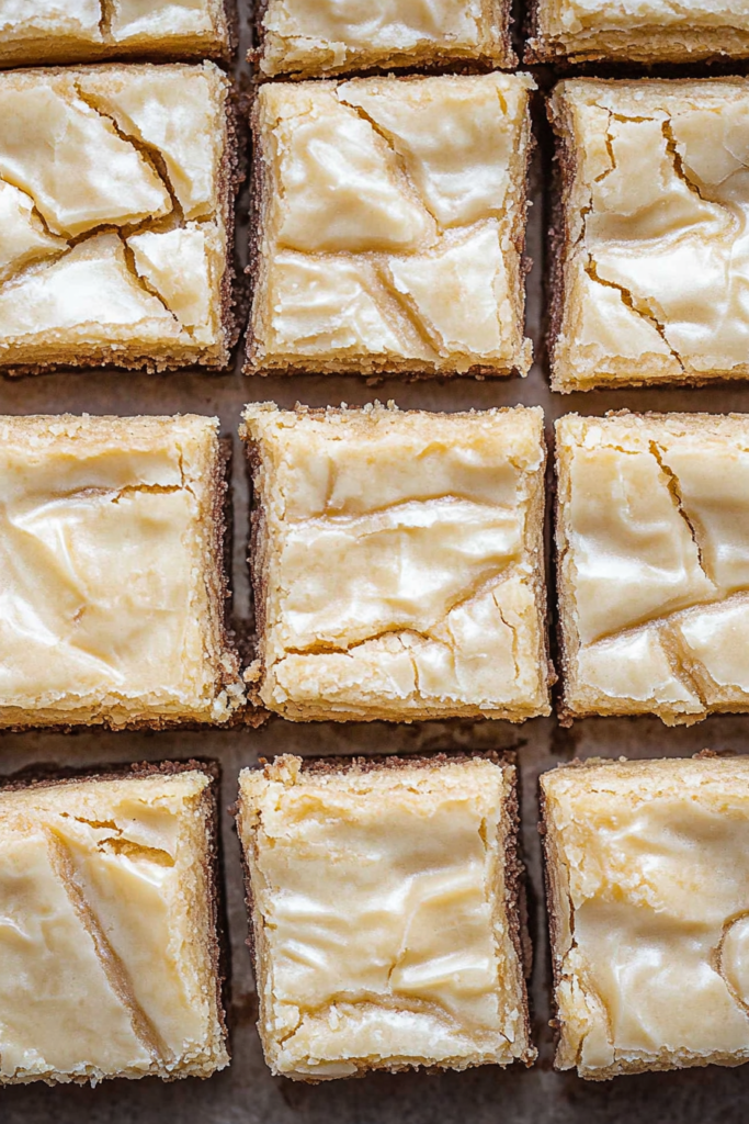 Golden dessert bars arranged on a tray with visible white chocolate pieces