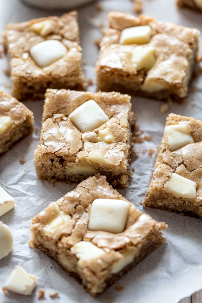 Freshly baked blondie squares with gooey centers and white chocolate topping