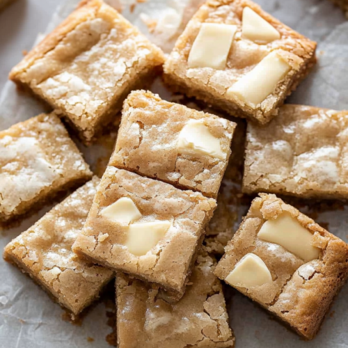 Fudgy blondie squares topped with chunks of melted white chocolate