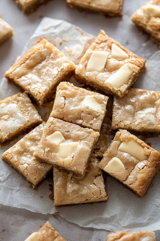 Fudgy blondie squares topped with chunks of melted white chocolate