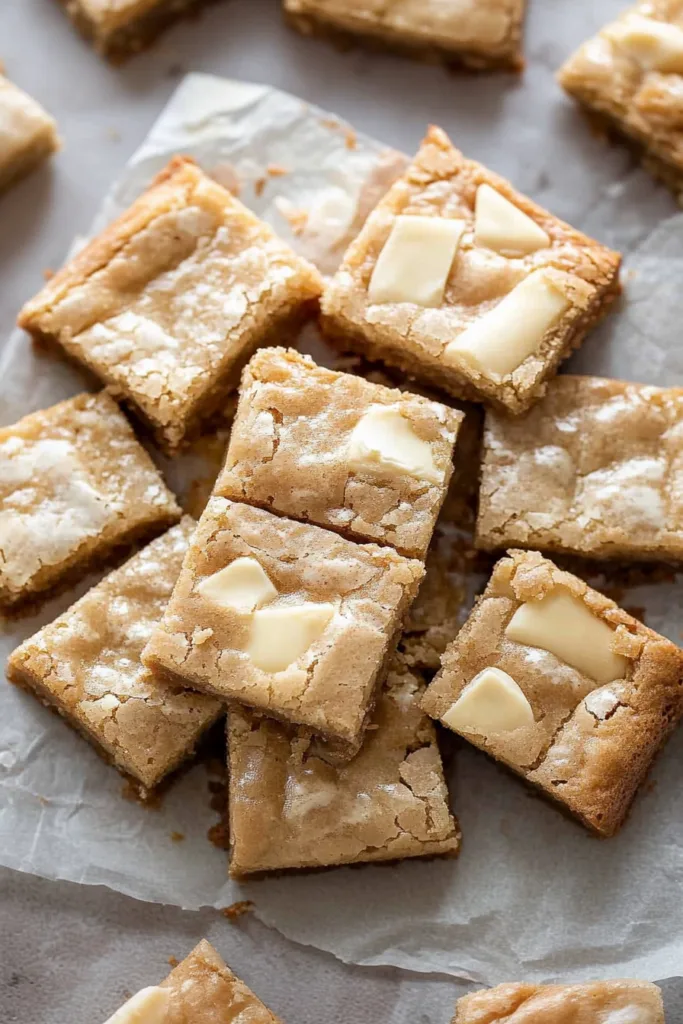 Fudgy blondie squares topped with chunks of melted white chocolate