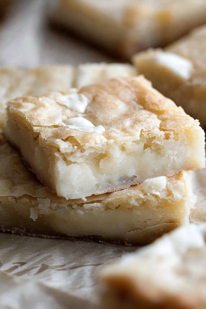 Close-up of soft brownie bars with crackly tops and creamy white chocolate pieces