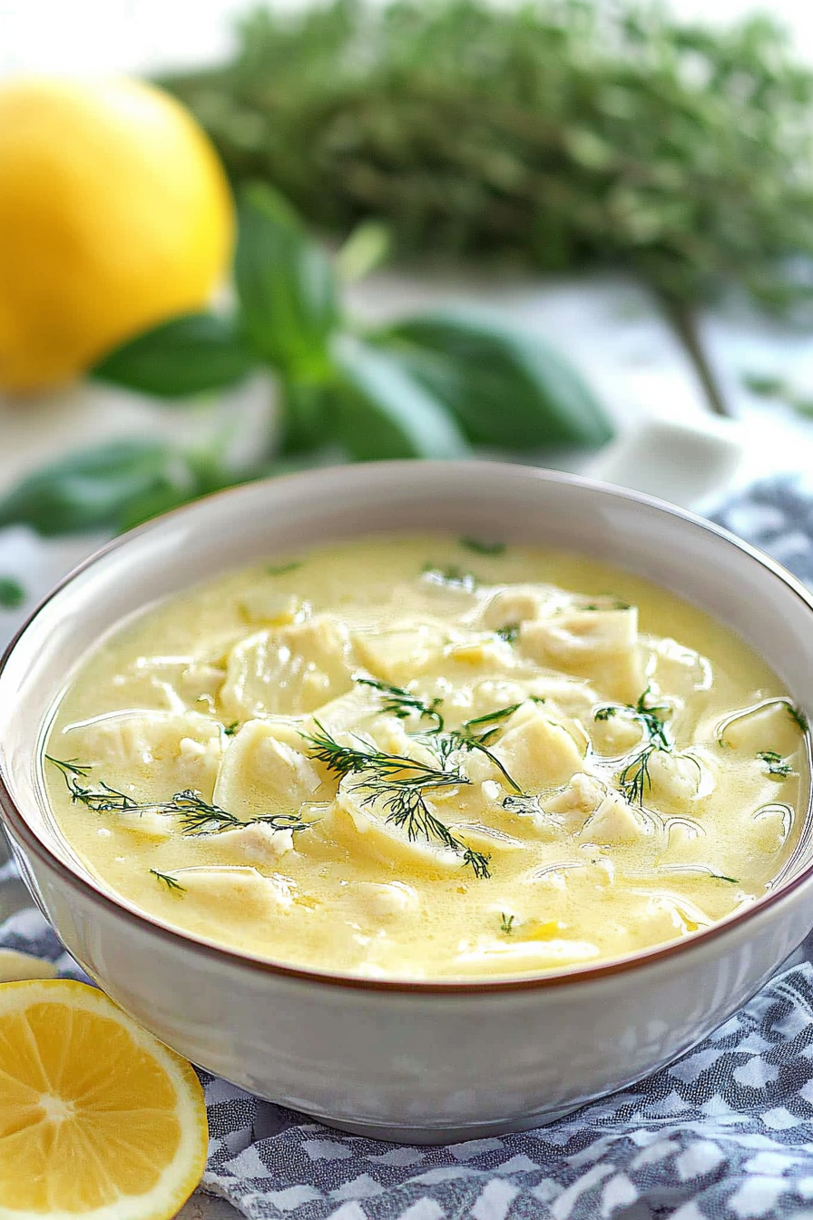 Traditional Avgolemono soup presented in a white bowl, topped with fresh herbs