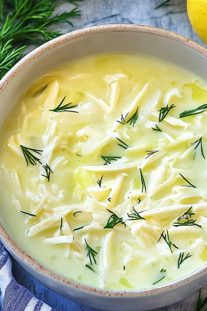 Close-up of steaming lemon chicken soup with creamy texture and dill garnish