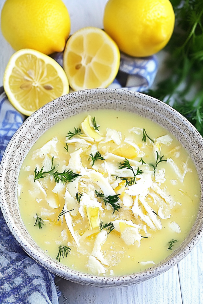 Comforting chicken soup styled with whole and halved lemons on a blue patterned cloth